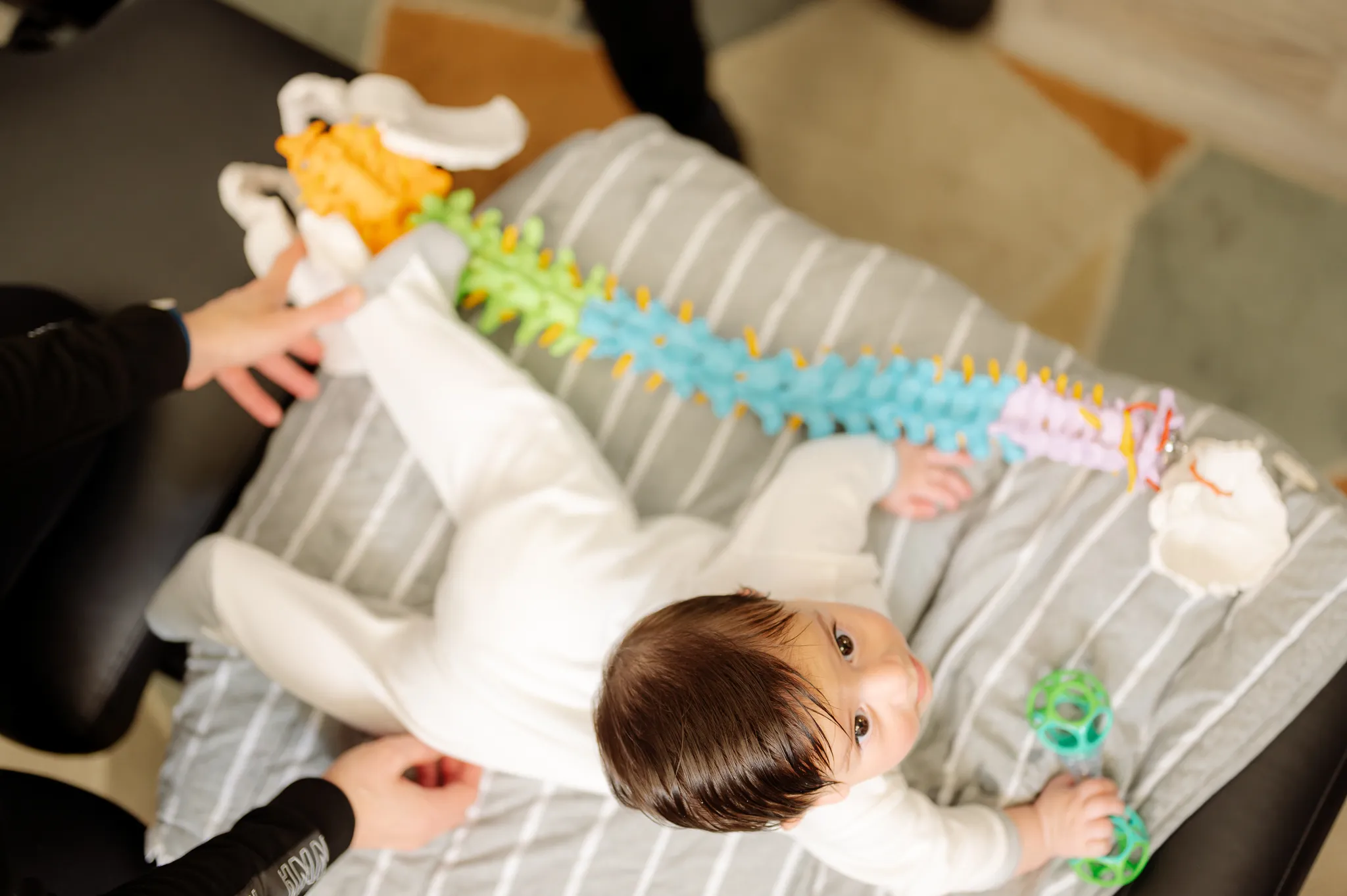 Pediatric spinal model used to explain posture and backpack strain to parents at District Wellness Arlington VA